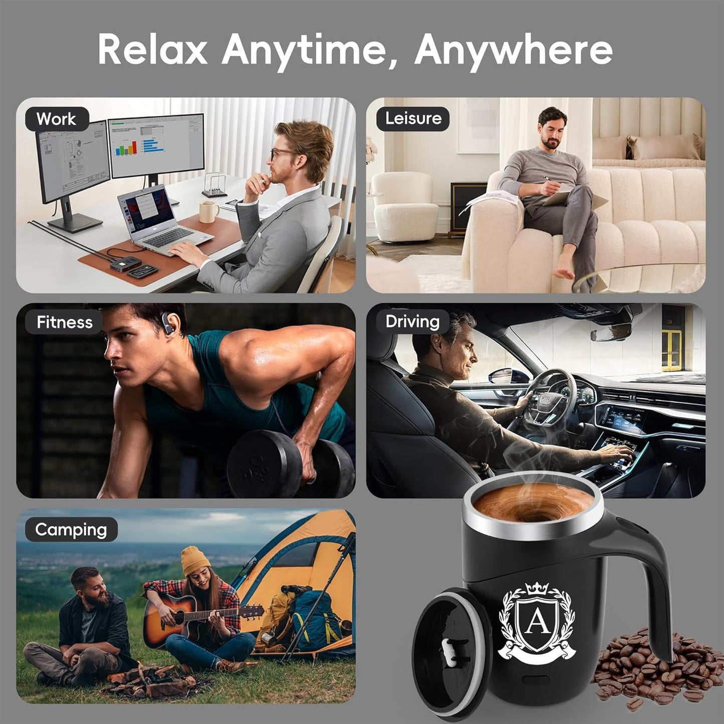 Initial Magnetic Stirring Coffee Mug with Lid Handle Automatic