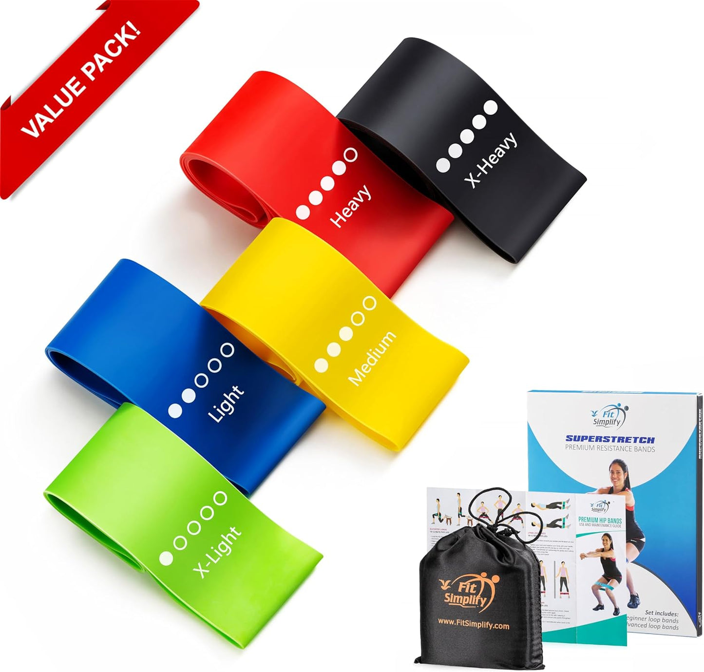 Fit Simplify Resistance Loop Exercise Bands with Instruction Guide and Carry Bag